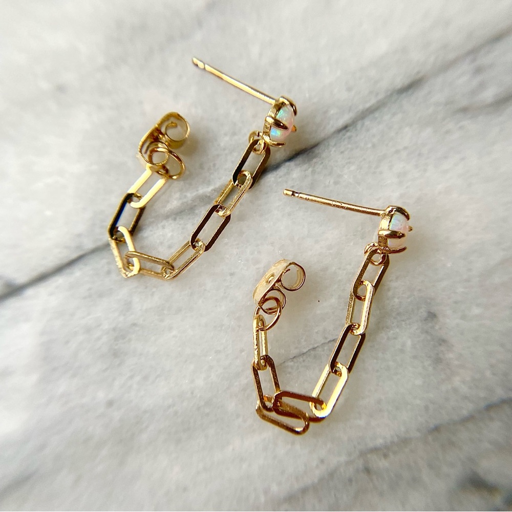 NWT Anthropologie TAI Chain Link Drop Earrings Gold Opal Stone - Picture 10 of 16